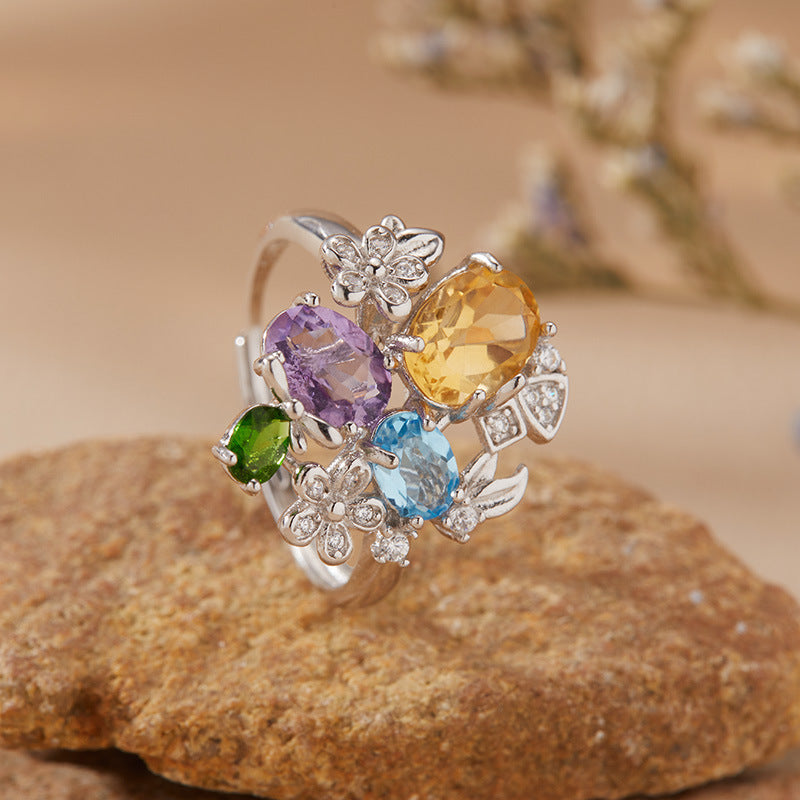 Multi-Gemstone Ring with Topaz, Diopside, Citrine & Amethyst