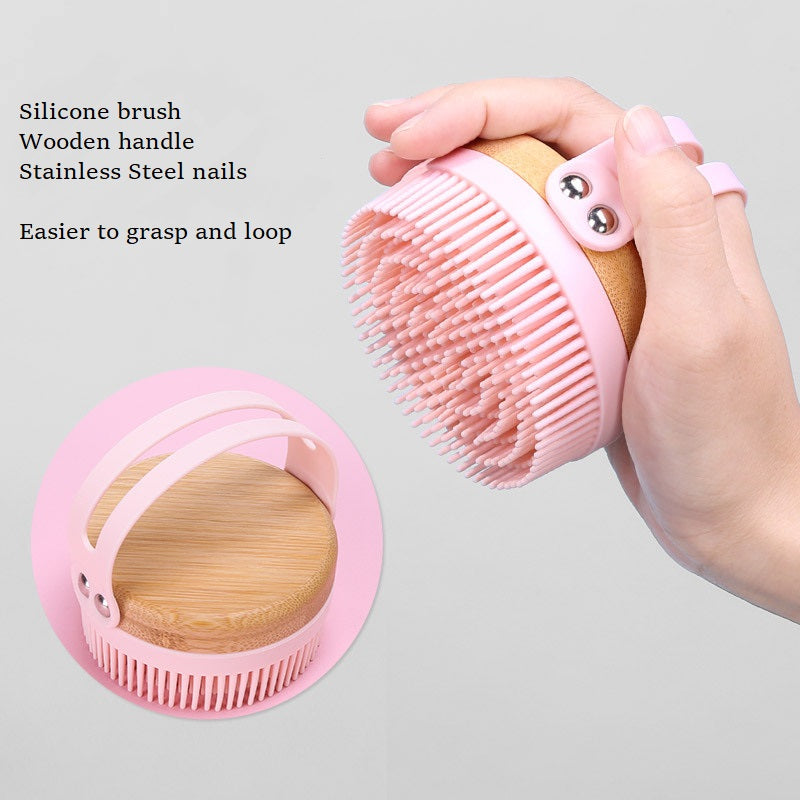 Wooden Handle Silicone Bath Brush with Hanging Hoop - Exfoliating & Massaging Back Scrubber