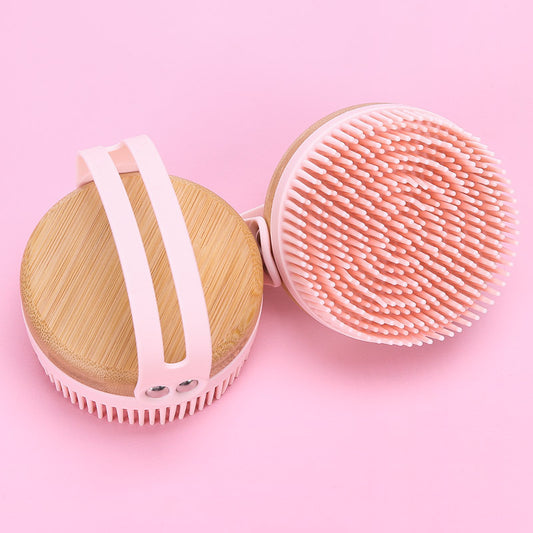 Wooden Handle Silicone Bath Brush with Hanging Hoop - Exfoliating & Massaging Back Scrubber