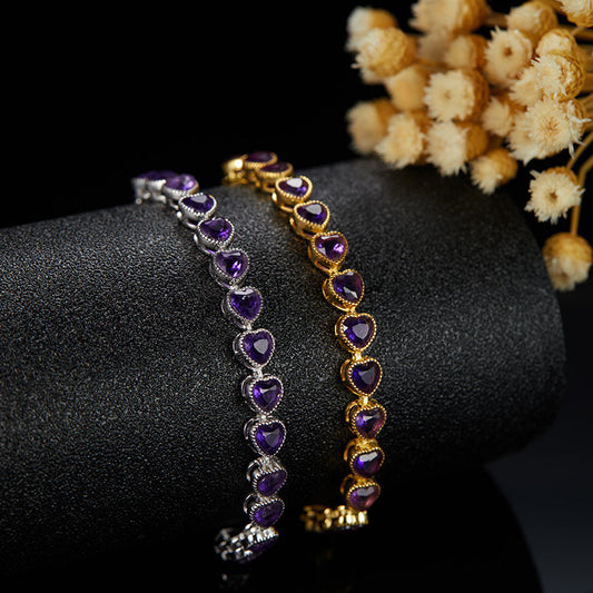 S925 Sterling Silver Heart Charm Bracelet with Natural Gemstones (Tourmaline/Garnet/Amethyst)