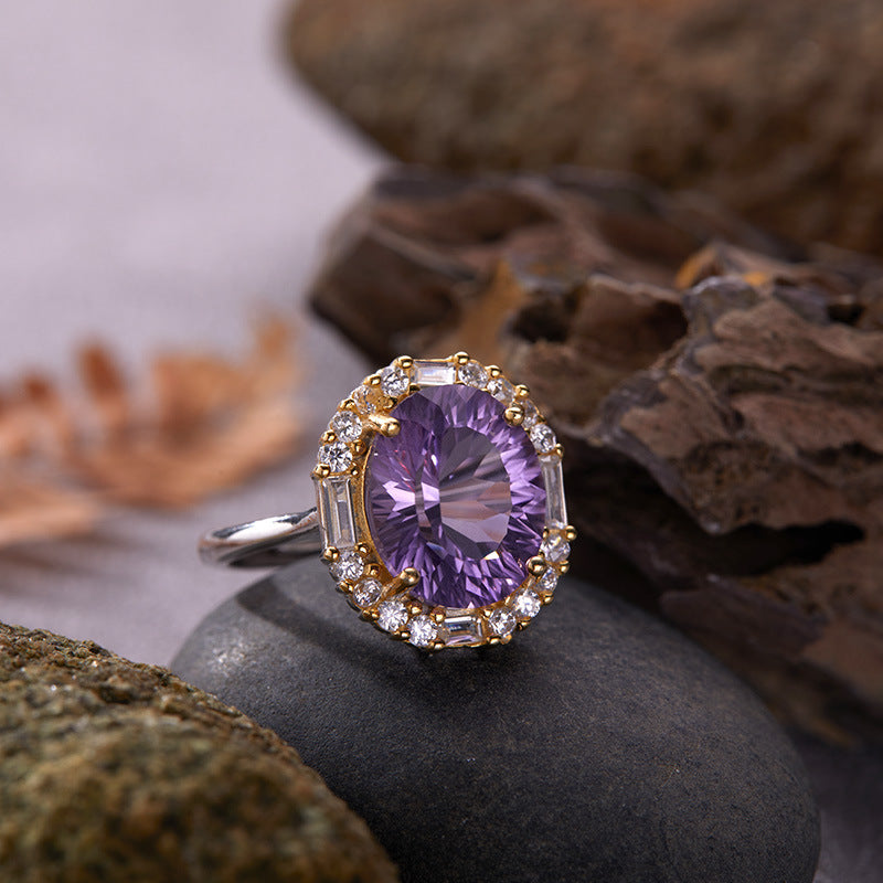 S925 Sterling Silver Natural Citrine & Amethyst Gemstone Ring Unique Large Carat Statement Ring for Index Finger