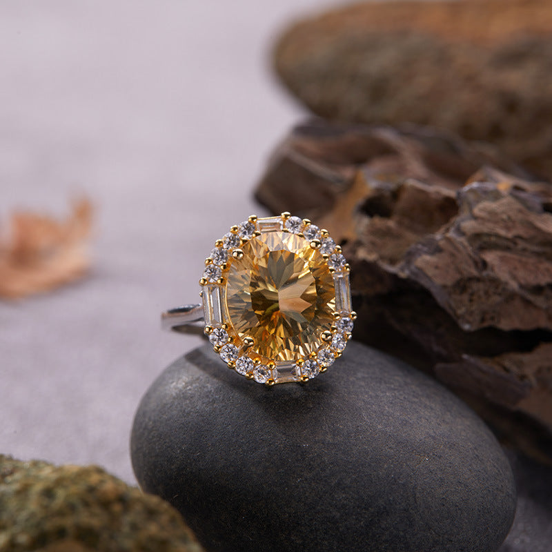 S925 Sterling Silver Natural Citrine & Amethyst Gemstone Ring Unique Large Carat Statement Ring for Index Finger