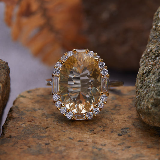 S925 Sterling Silver Natural Citrine & Amethyst Gemstone Ring Unique Large Carat Statement Ring for Index Finger