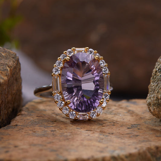 S925 Sterling Silver Natural Citrine & Amethyst Gemstone Ring Unique Large Carat Statement Ring for Index Finger