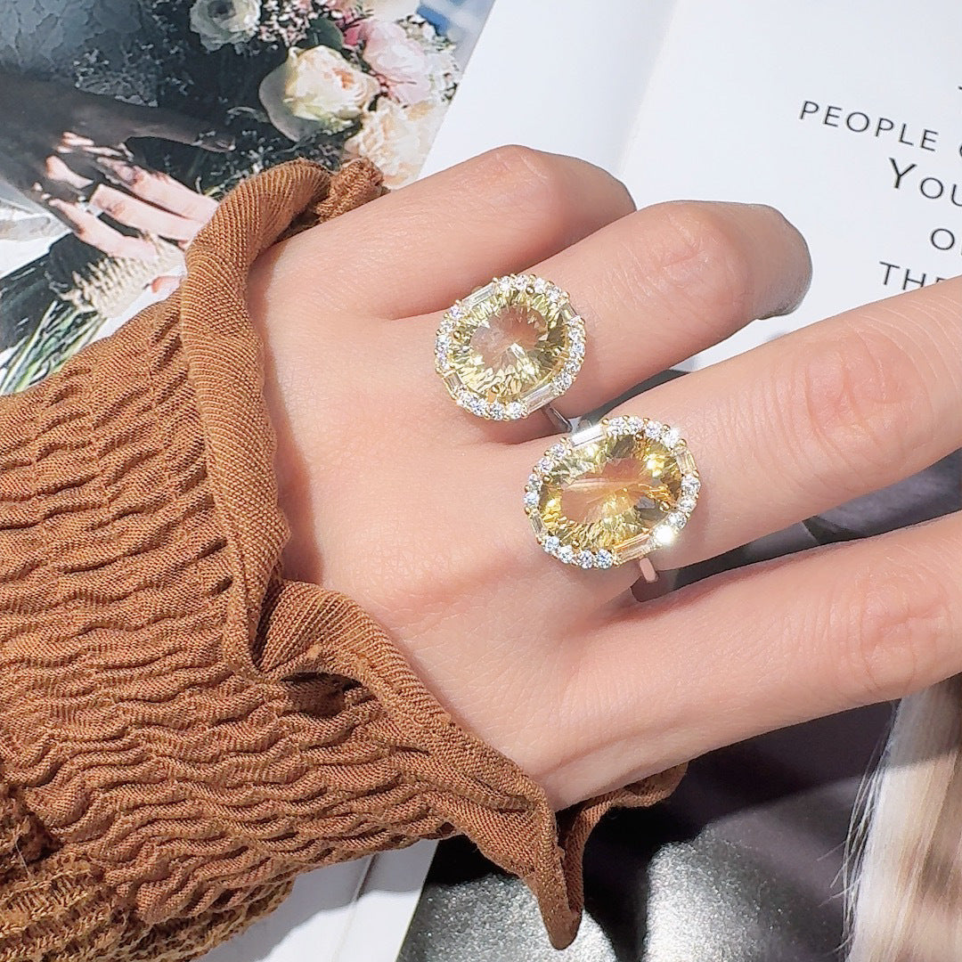 S925 Sterling Silver Natural Citrine & Amethyst Gemstone Ring Unique Large Carat Statement Ring for Index Finger