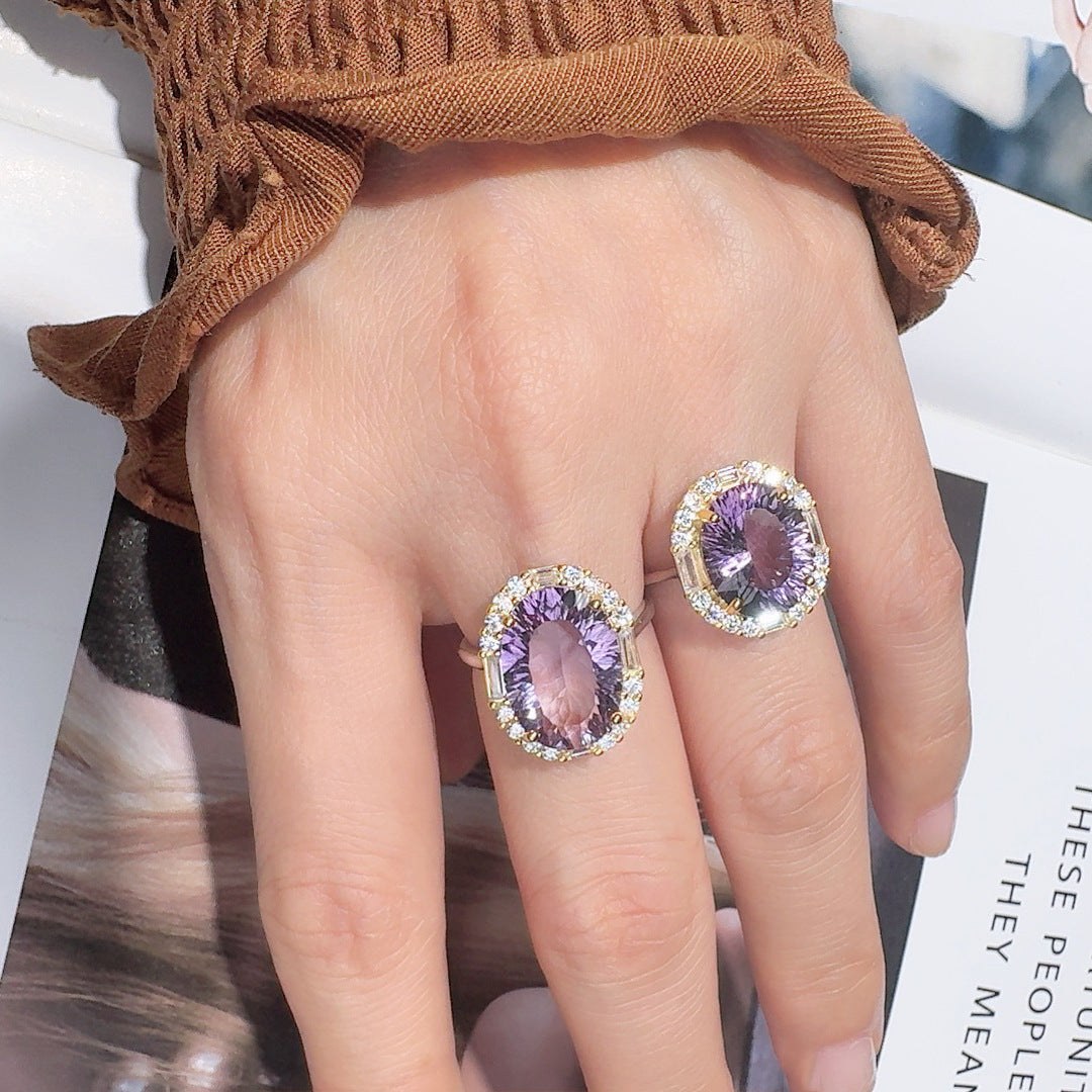 S925 Sterling Silver Natural Citrine & Amethyst Gemstone Ring Unique Large Carat Statement Ring for Index Finger