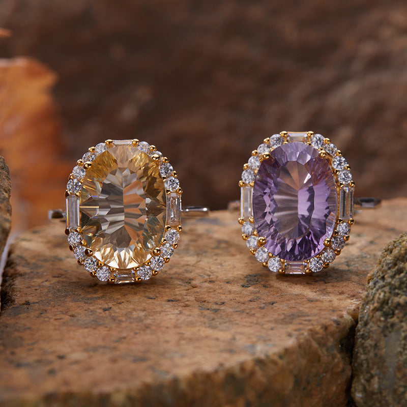 S925 Sterling Silver Natural Citrine & Amethyst Gemstone Ring Unique Large Carat Statement Ring for Index Finger