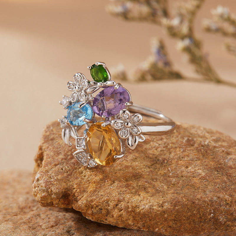 Multi-Gemstone Ring with Topaz, Diopside, Citrine & Amethyst