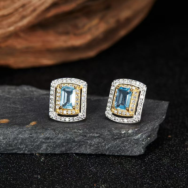 Square Gemstone Stud Earrings - S925 Sterling Silver, Natural Topaz, Citrine, Peridot, Garnet, Amethyst