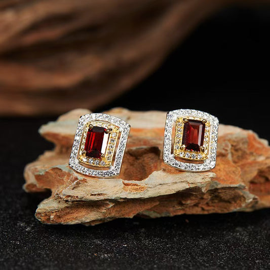 Square Gemstone Stud Earrings - S925 Sterling Silver, Natural Topaz, Citrine, Peridot, Garnet, Amethyst
