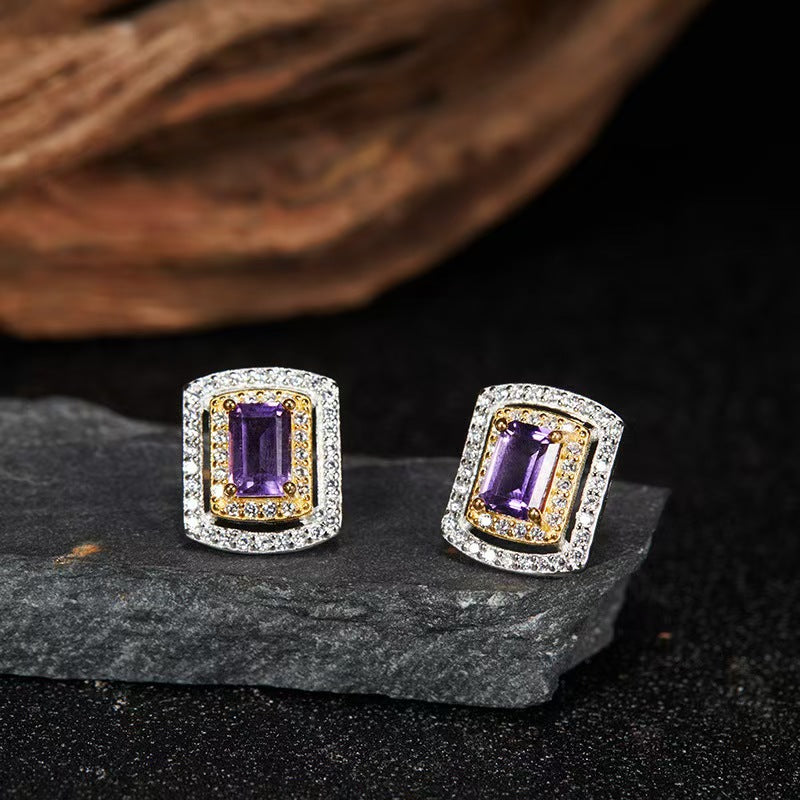 Square Gemstone Stud Earrings - S925 Sterling Silver, Natural Topaz, Citrine, Peridot, Garnet, Amethyst