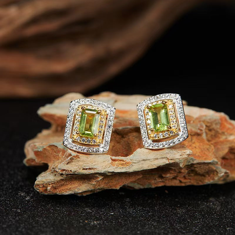 Square Gemstone Stud Earrings - S925 Sterling Silver, Natural Topaz, Citrine, Peridot, Garnet, Amethyst