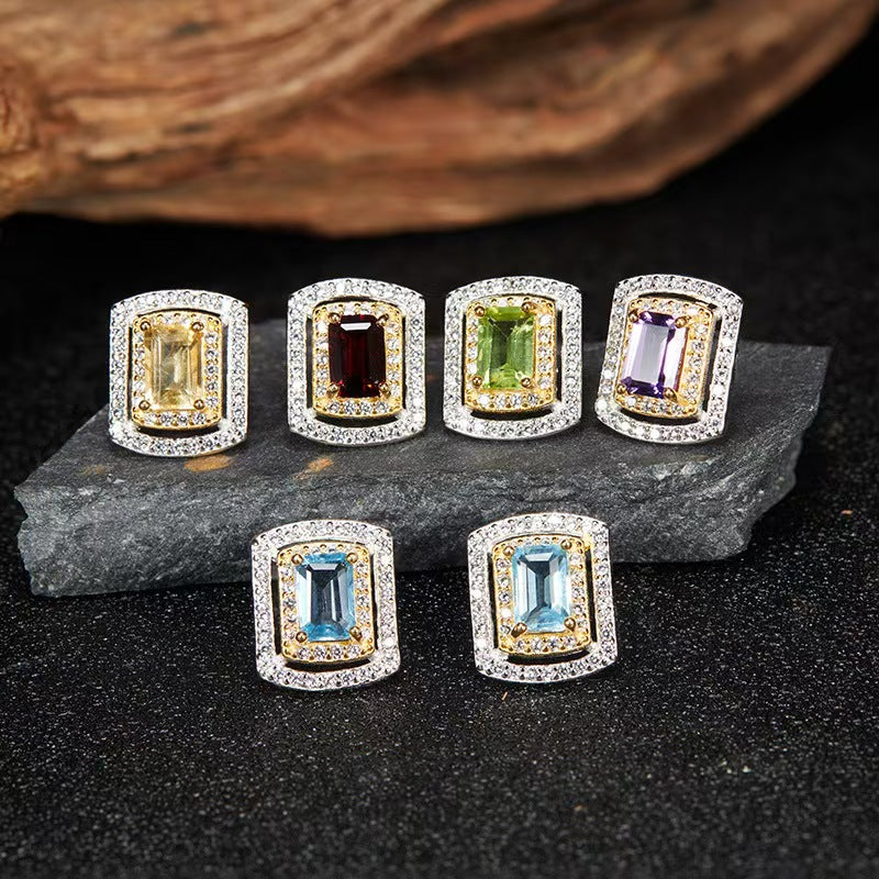 Square Gemstone Stud Earrings - S925 Sterling Silver, Natural Topaz, Citrine, Peridot, Garnet, Amethyst