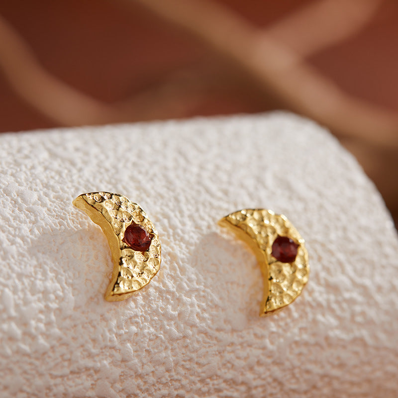 Artisan Moon-shaped Sterling Silver Earrings with Natural Garnet Pearl