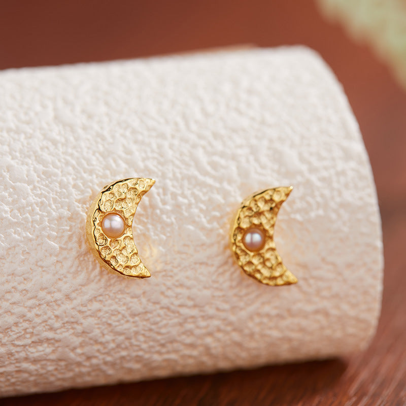Artisan Moon-shaped Sterling Silver Earrings with Natural Garnet Pearl