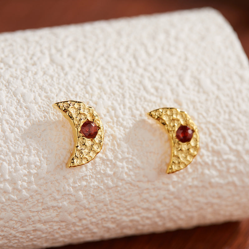 Artisan Moon-shaped Sterling Silver Earrings with Natural Garnet Pearl