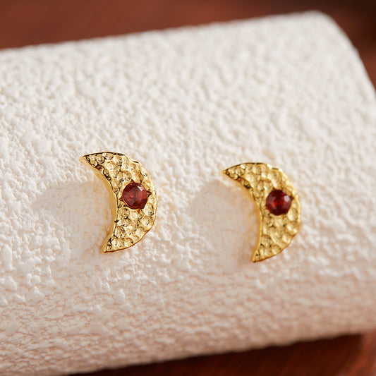 Artisan Moon-shaped Sterling Silver Earrings with Natural Garnet Pearl