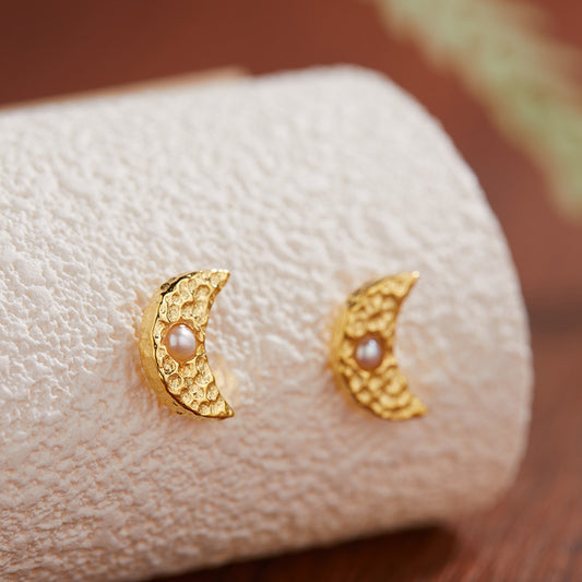 Artisan Moon-shaped Sterling Silver Earrings with Natural Garnet Pearl