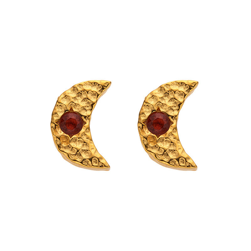 Artisan Moon-shaped Sterling Silver Earrings with Natural Garnet Pearl