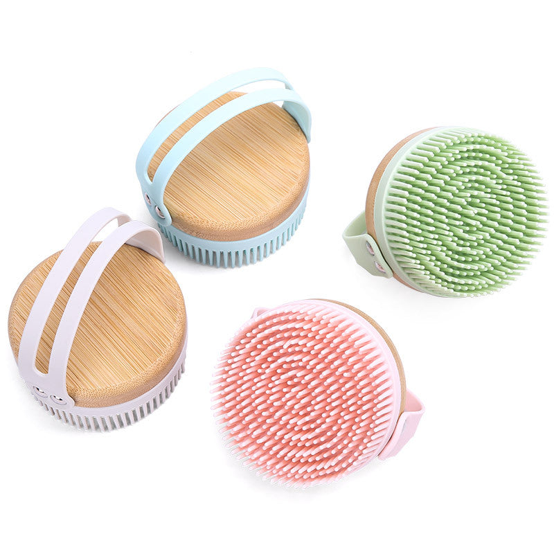 Wooden Handle Silicone Bath Brush with Hanging Hoop - Exfoliating & Massaging Back Scrubber