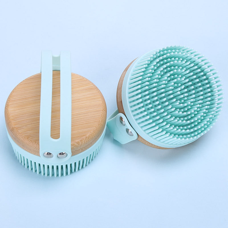 Wooden Handle Silicone Bath Brush with Hanging Hoop - Exfoliating & Massaging Back Scrubber
