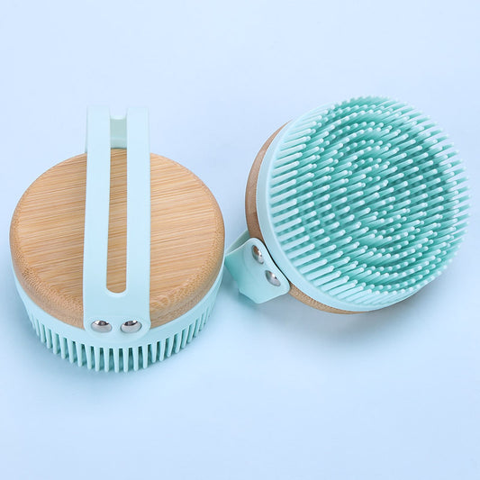 Wooden Handle Silicone Bath Brush with Hanging Hoop - Exfoliating & Massaging Back Scrubber