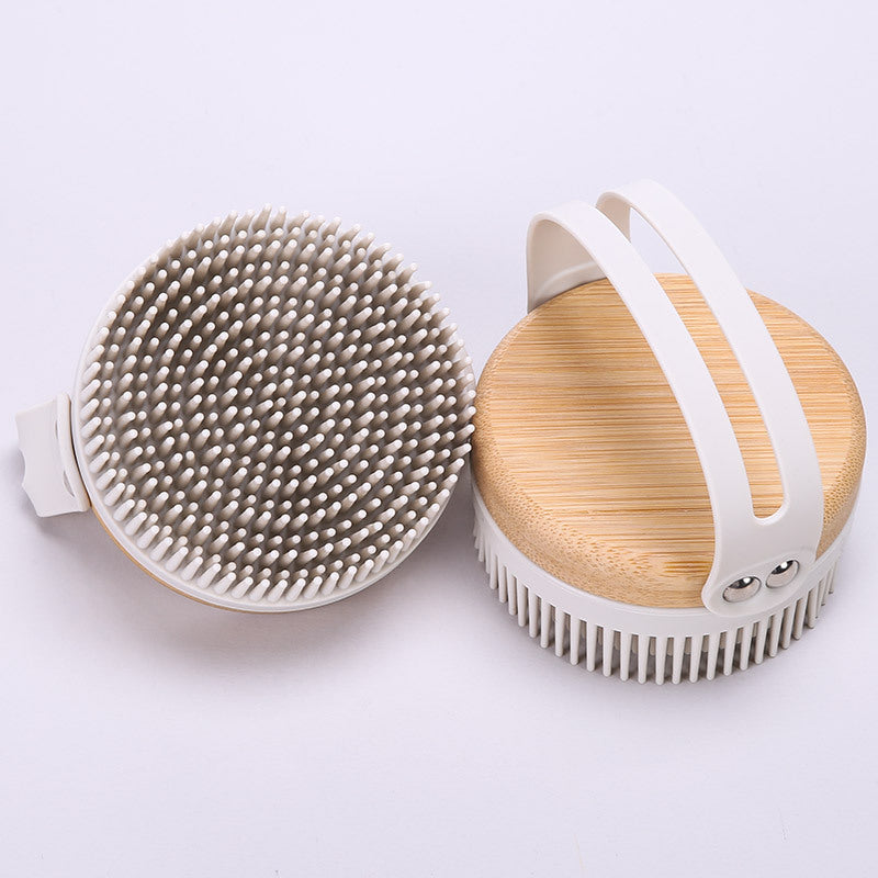 Wooden Handle Silicone Bath Brush with Hanging Hoop - Exfoliating & Massaging Back Scrubber