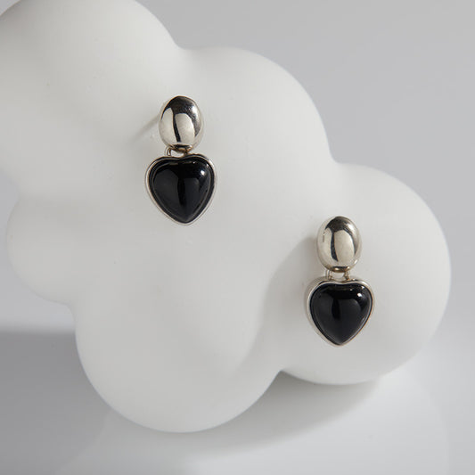 S925 Sterling Silver Black Onyx Heart Stud Earrings for Women | Cute & Edgy Gemstone Earrings | Dainty Everyday Jewelry Gift