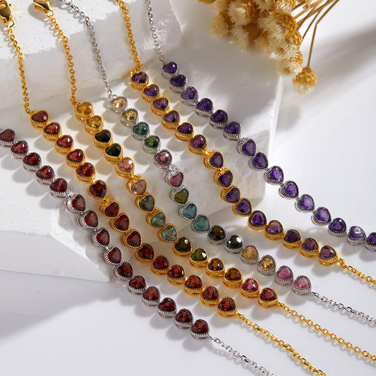 S925 Sterling Silver Heart Charm Bracelet with Natural Gemstones (Tourmaline/Garnet/Amethyst)