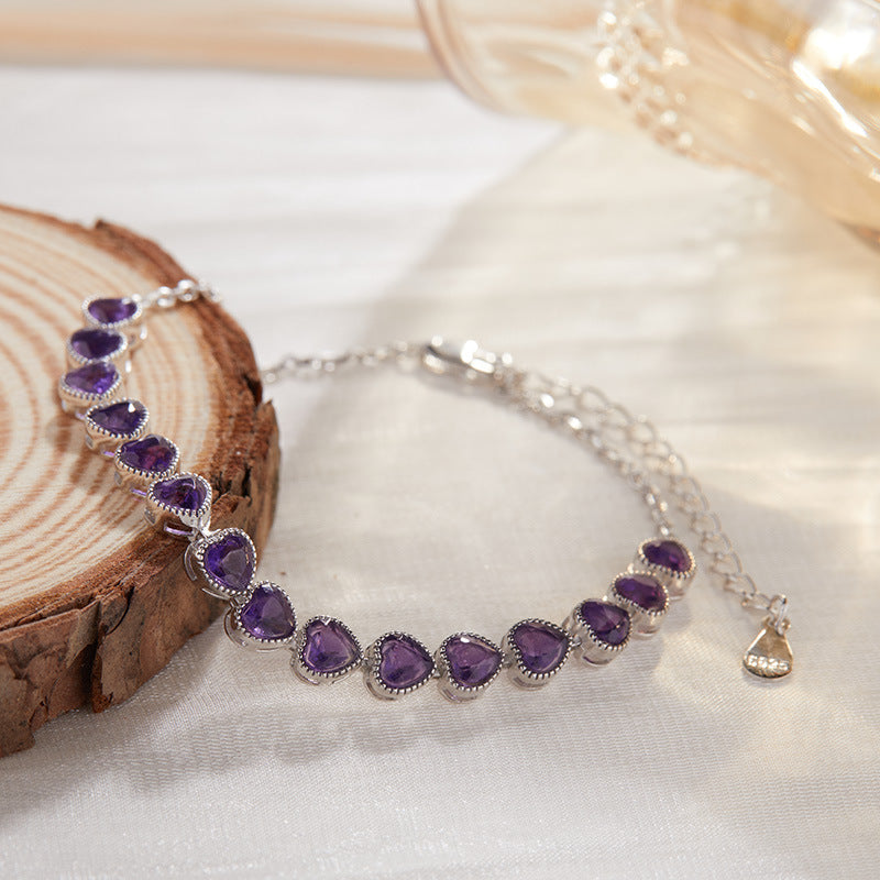 S925 Sterling Silver Heart Charm Bracelet with Natural Gemstones (Tourmaline/Garnet/Amethyst)