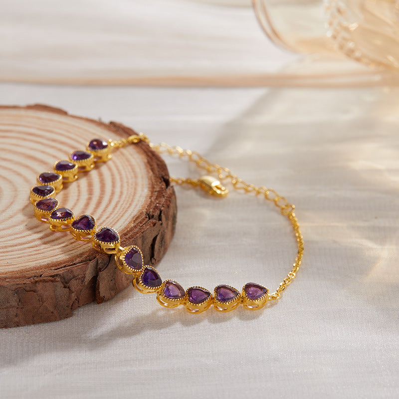 S925 Sterling Silver Heart Charm Bracelet with Natural Gemstones (Tourmaline/Garnet/Amethyst)