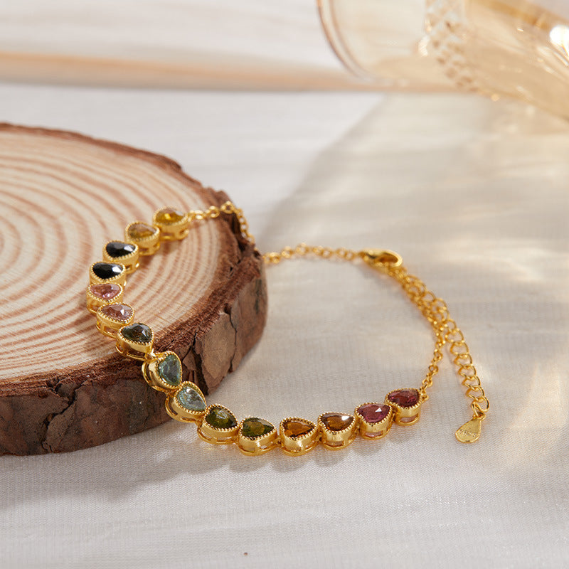 S925 Sterling Silver Heart Charm Bracelet with Natural Gemstones (Tourmaline/Garnet/Amethyst)