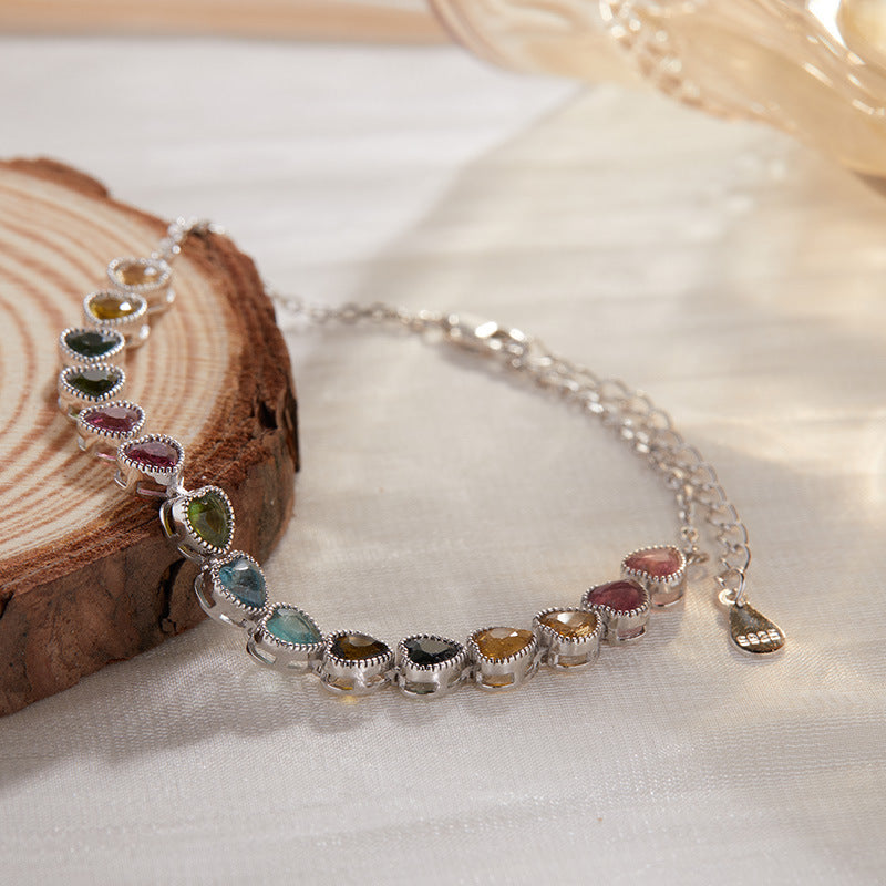 S925 Sterling Silver Heart Charm Bracelet with Natural Gemstones (Tourmaline/Garnet/Amethyst)