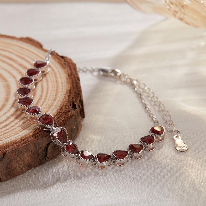 S925 Sterling Silver Heart Charm Bracelet with Natural Gemstones (Tourmaline/Garnet/Amethyst)