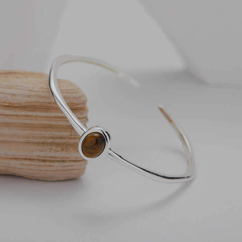 Minimalist Gemstone Bracelet - Natural Tiger's Eye, Blue Aura Quartz & Mother of Pearl in Sterling Silver